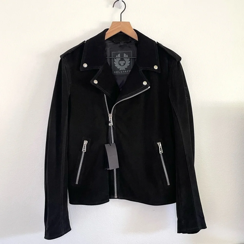 NWT Belstaff Edmunds Calf Suede Leather Moto Jacket Black US 40 Large